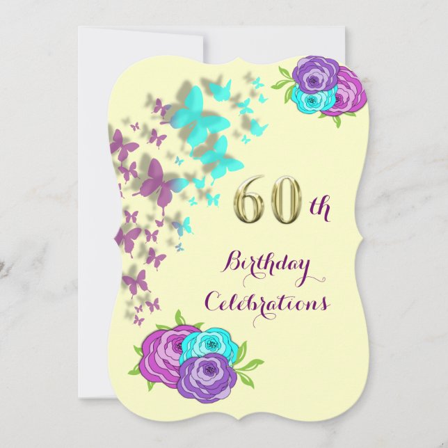 60th Birthday Butterflies and Flowers Invitation (Front)