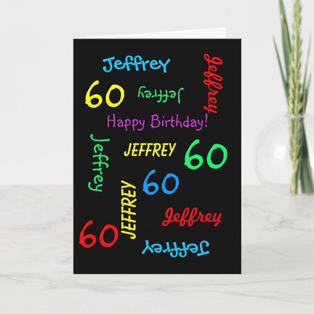 60th Birthday Card Any Name, Black, Custom (Front)