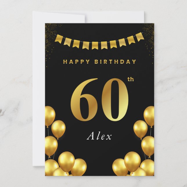 60th Birthday Card Black and Gold Balloons (Front)