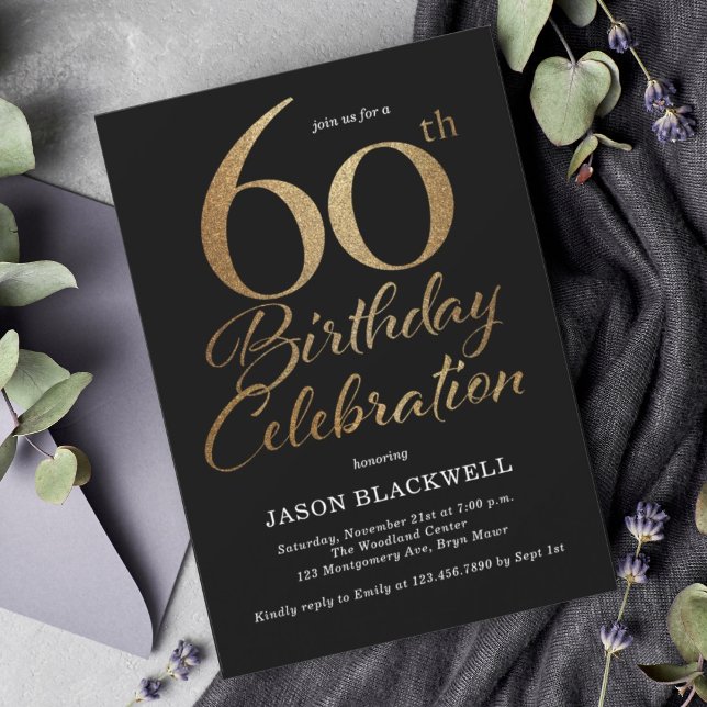60th Birthday Celebration Black & Gold Invitation (Creator Uploaded)