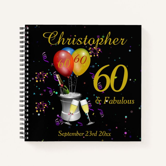 60th Birthday Celebration Black Party Guest Notebook (Front)