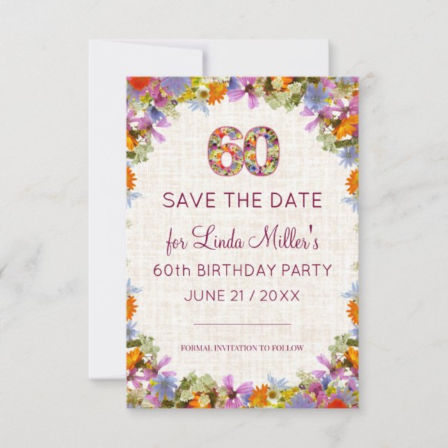 60th Birthday Celebration – Linen Floral Design Save The Date (Front)