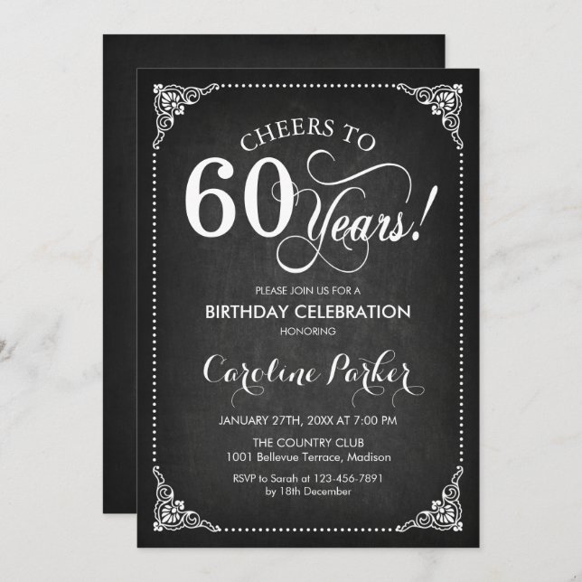 60th Birthday - Chalkboard White Invitation (Front/Back)