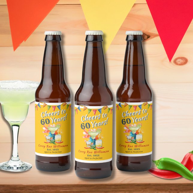 60th Birthday Cheers to 60 Years Fiesta Beer Bottle Label (Creator Uploaded)