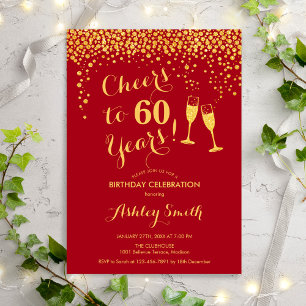 60th Birthday - Cheers To 60 Years Gold Red Invitation