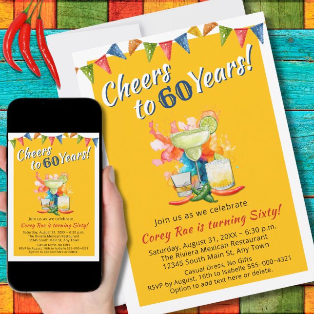 60th Birthday Cheers to 60 Years Margarita Fiesta  Invitation (Creator Uploaded)