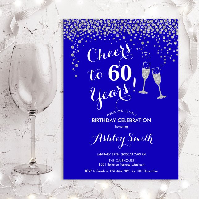 60th Birthday - Cheers To 60 Years Royal Blue Invitation (Creator Uploaded)