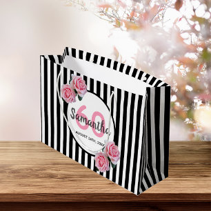 60th birthday chic pink roses black white stripes large gift bag