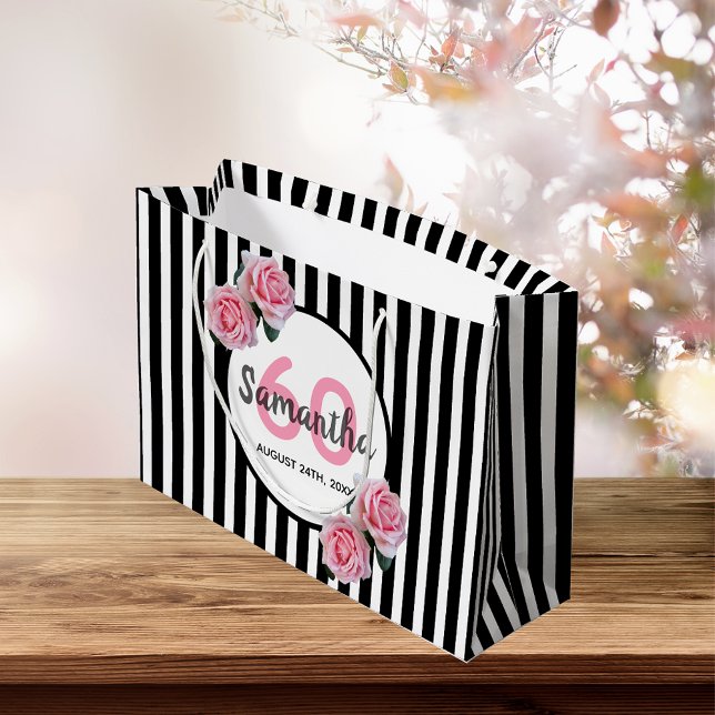 60th birthday chic pink roses black white stripes large gift bag (Creator Uploaded)
