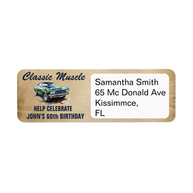 60th Birthday Classic Muscle Car  Return Address Label (Front)
