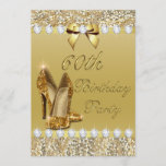 60th Birthday Classy Gold Heels Sequins Diamonds Invitation<br><div class="desc">Elegant custom personalised 60th Birthday party celebration invitations with gold glitter high heels shoes, a beautiful glittery golden colours printed image sequins jewels, gems pattern, cute shiny gold printed bows and ribbons images and pretty digital diamonds bling jewels on a chic gold gradient background with fixed gold text. Please note:...</div>