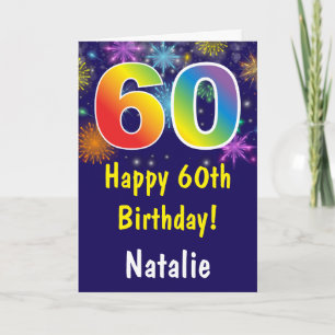 60th Birthday Colorful Rainbow Fireworks Navy Blue Card