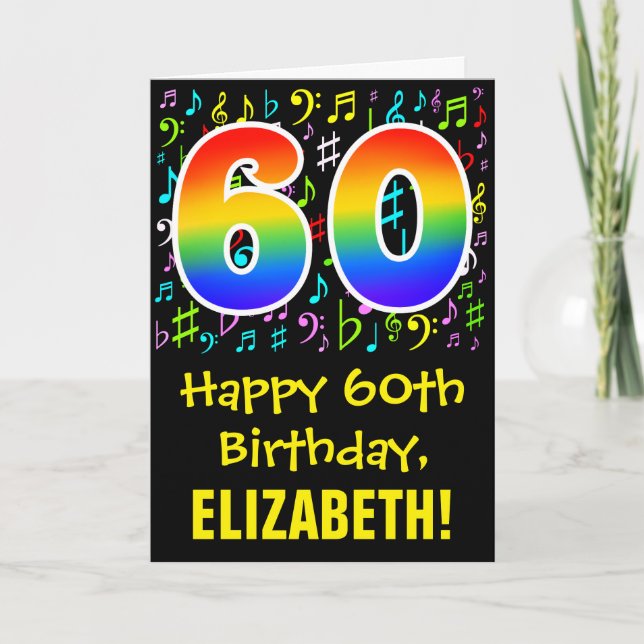 60th Birthday: Colourful Music Symbols + Rainbow 6 Card (Front)