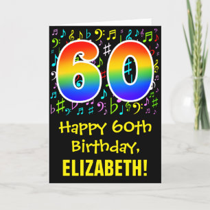 60th Birthday: Colourful Music Symbols + Rainbow 6 Card
