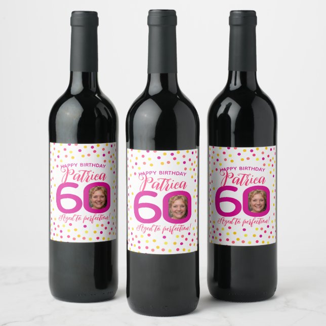 60th birthday colourful pink yellow confetti photo wine label (Bottles)