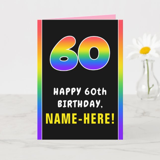 60th Birthday: Colourful Rainbow # 60, Custom Name Card (Small Plant)