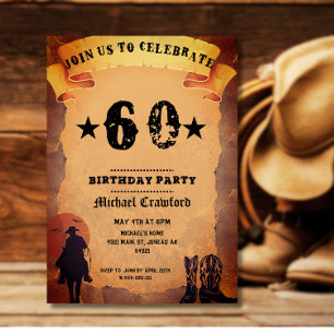 60th birthday cowboy old paper horse riding party invitation