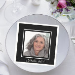 60th birthday custom photo black white napkin<br><div class="desc">An elegant and chic black and white frame and template for your photo.  White text: Hello 60!  A napkin for a stylish 60th birthday party.</div>