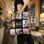 60th birthday custom photo collage woman black tote bag<br><div class="desc">A unique gift for a woman's 60th birthday, celebrating her life with a collage of 8 of your own photos, pictures. Personalise and add her name, age 60 and a date. A chic black background. Grey and white letters and numbers. The name is written with a modern hand lettered style...</div>