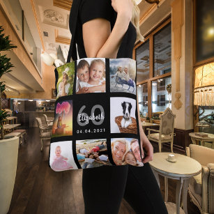 60th birthday custom photo collage woman black tote bag