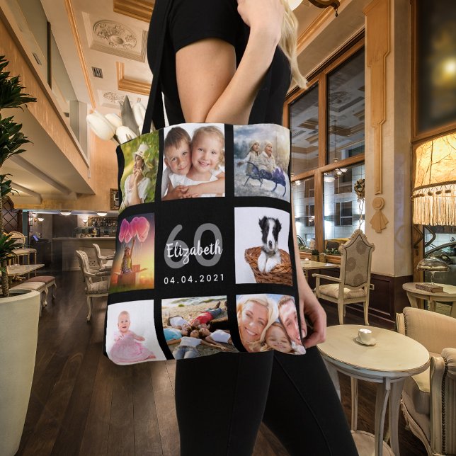 60th birthday custom photo collage woman black tote bag (Creator Uploaded)