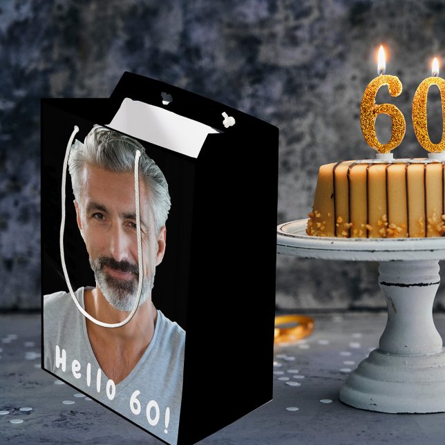 60th birthday custom photo hello 60 guy medium gift bag (Creator Uploaded)