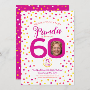 60th birthday custom photo pink yellow confetti invitation