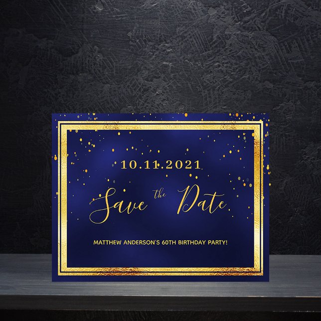 60th birthday dark blue gold save the date postcard (Creator Uploaded)