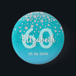 60th birthday diamonds glitter teal blue green 6 cm round badge<br><div class="desc">An elegant, glamourous and girly 60th birthday party button. Teal, blue green coloured faux glitter with faux diamond sprinkle and a golden frame. Templates for a name, age 60 and a date. Date of birth or the date of the party/anniversary. White and teal coloured letters. The name is written with...</div>