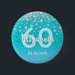 60th birthday diamonds glitter teal blue green 6 cm round badge<br><div class="desc">An elegant, glamourous and girly 60th birthday party button. Teal, blue green coloured faux glitter with faux diamond sprinkle and a golden frame. Templates for a name, age 60 and a date. Date of birth or the date of the party/anniversary. White and teal coloured letters. The name is written with...</div>