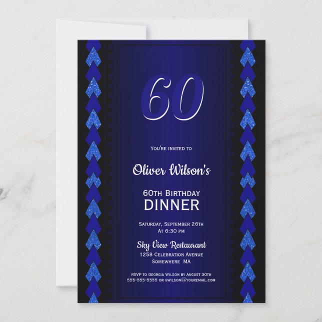 60th Birthday Dinner Black and Blue Party Invitation (Front)