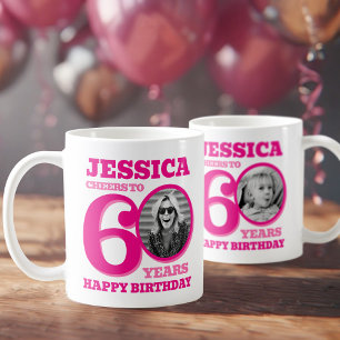 60th Birthday doubled sided photo name pink text Coffee Mug