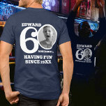 60th Birthday doubled sided photo name white text Tri-Blend Shirt<br><div class="desc">Happy 60th Birthday white text, name and two photos t-shirt. Fun double sided 60th personalised photo t-shirt in bold white text design. Personalise this birthday shirt with a photograph of the birthday person in the middle of the number 0 on both the front and the back. Great idea for adding...</div>