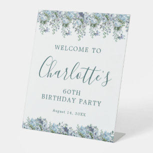 60th Birthday Dusty Blue Floral Welcome Pedestal Sign