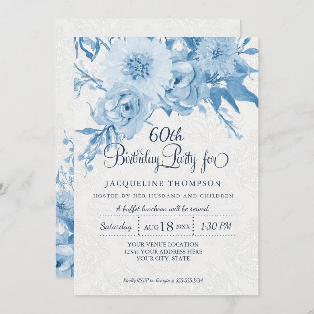 60th Birthday Dusty Blue White Lace Damask Floral Invitation (Front/Back)