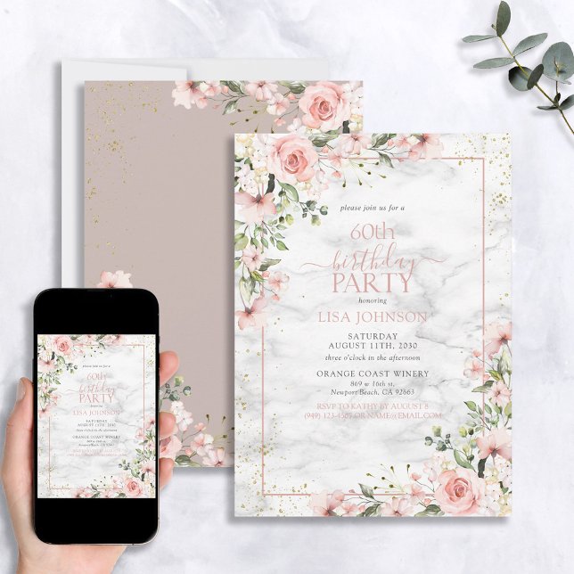 60th Birthday Dusty Pink Gold Watercolor Marble Invitation (Creator Uploaded)