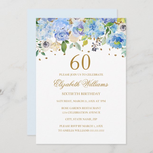60th Birthday Elegant Blue Gold Floral Invitation (Front/Back)
