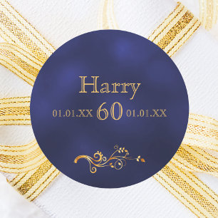 60th birthday elegant dark blue and gold classic round sticker