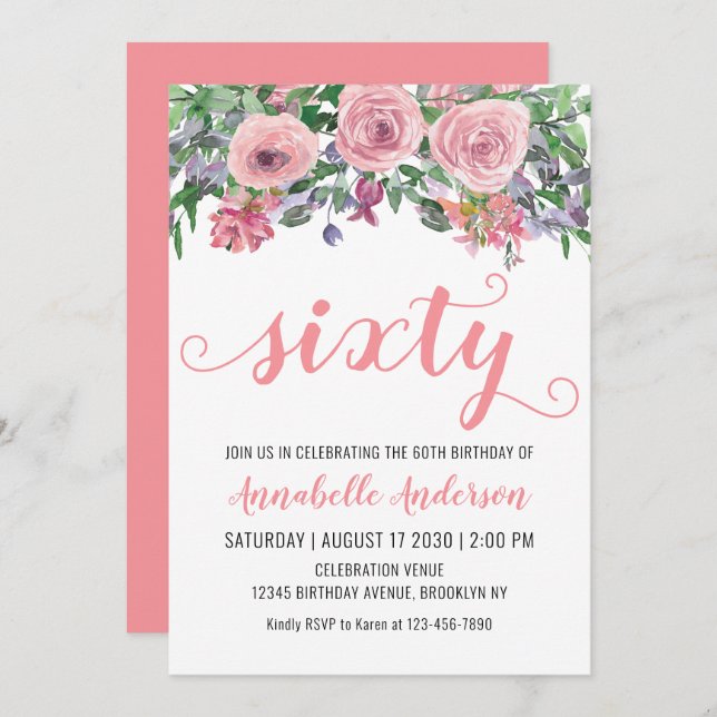 60th Birthday Elegant Floral Blush Pink Watercolor Invitation (Front/Back)