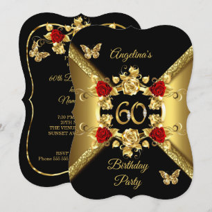 60th Birthday Elegant Gold Red Roses Black Invitation