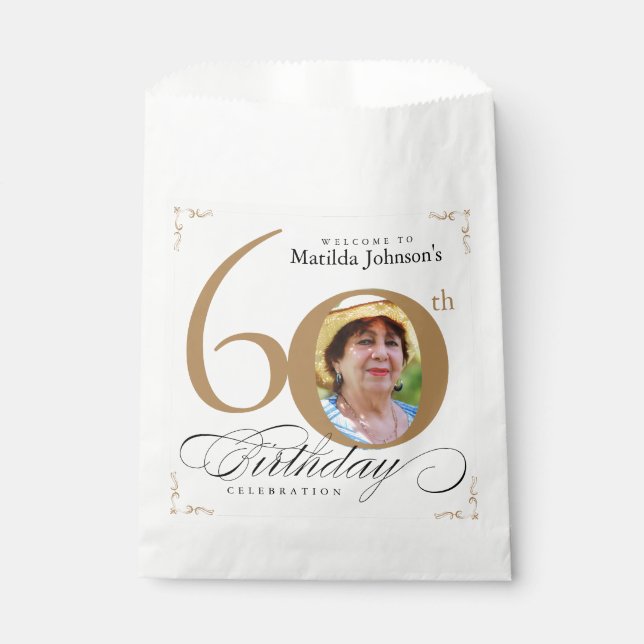 60th Birthday Elegant Gold White Calligraphy Photo Favour Bag (Front)