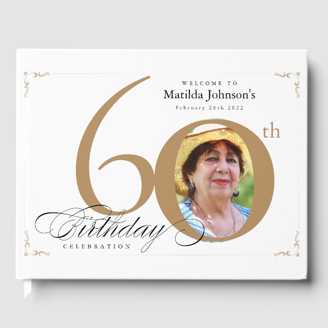 60th Birthday Elegant Gold White Calligraphy Photo Guest Book (Front)