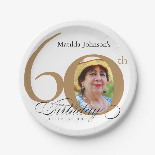 60th Birthday Elegant Gold White Calligraphy Photo Paper Plate (Front)