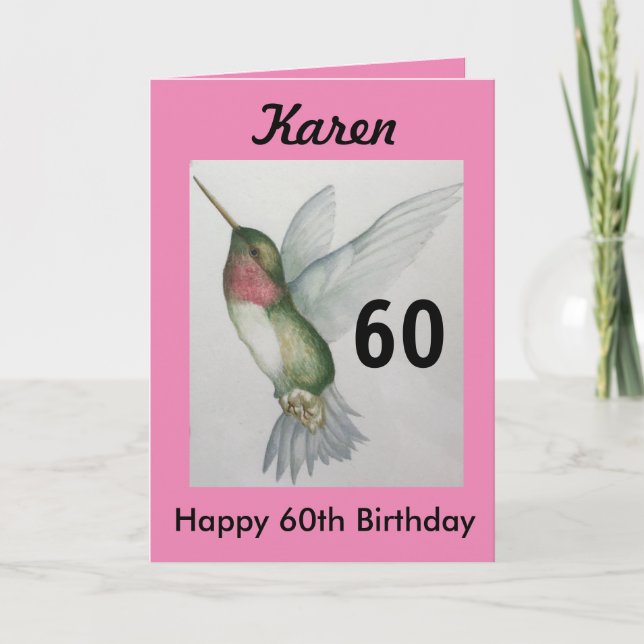 60th Birthday Elegant Pink Hummingbird Watercolor Card (Front)