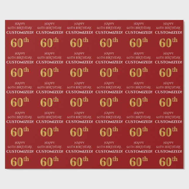60th Birthday: Elegant, Red, Faux Gold Look Wrapping Paper (Flat)