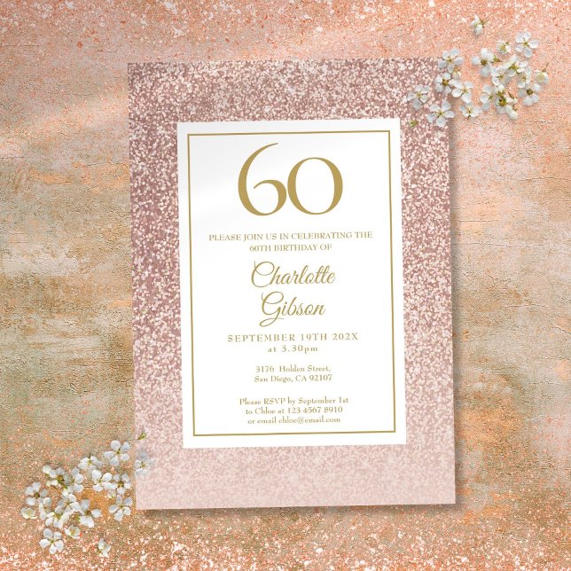 60th Birthday Elegant Rose Gold Glitter Invitation (60th Birthday Elegant Rose Gold Glitter Invitation)