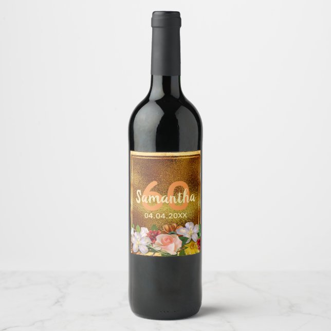 60th birthday elegant rustic gold with flowers wine label (Front)