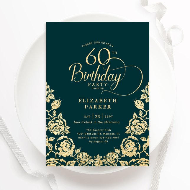 60th Birthday Emerald Green Gold Roses Invitation (Creator Uploaded)