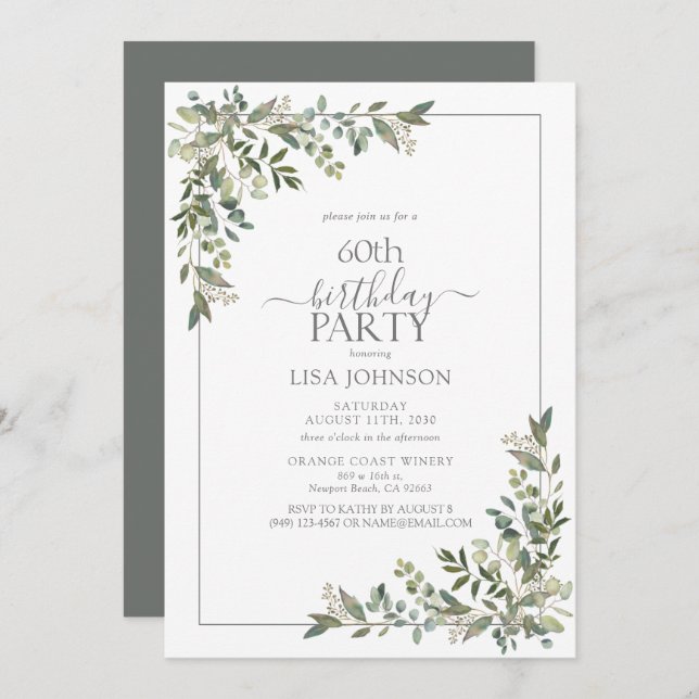 60th Birthday Eucalyptus Sage Green Botanical Invitation (Front/Back)