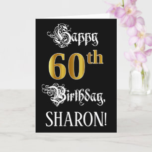 60th Birthday — Fancy Script; Faux Gold Look; Name Card